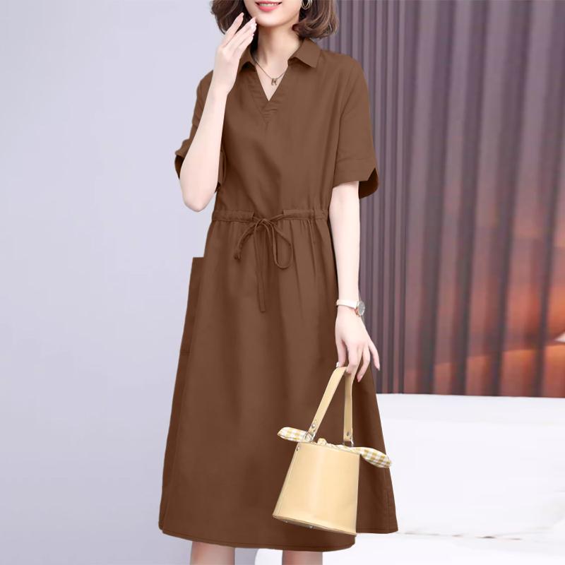 ZANZEA Women Casual Turn Down Collar Loose Short Sleeve Drawstring Dress