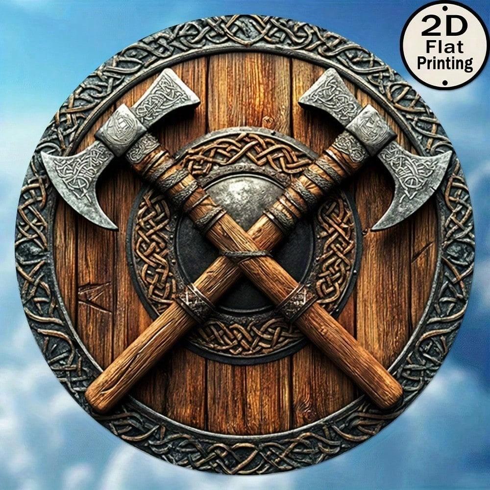 TOTNTUR 8 Inch Vintage Viking Crossed Axes Metal Wall Sign Aluminum Art Home Bar Cafe Decor