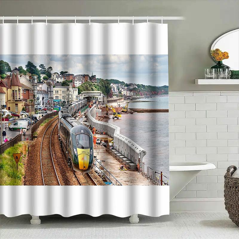 Treno Paesaggistico Tenda da Doccia Paesaggio Ferroviario Decorazione Bagno Locomotiva a Vapore Vintage Sfondo Fotografia di Viaggio Arte Lavanderia