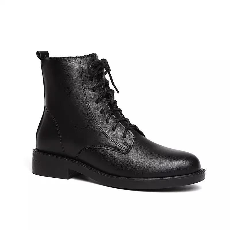 Жіночі шкіряні чоботи 2025 Зимові комфортні чоботи до середини ікри Британський стиль Нековзні На шнурівці Бічна блискавка Бавовняне взуття Botas De Mujer