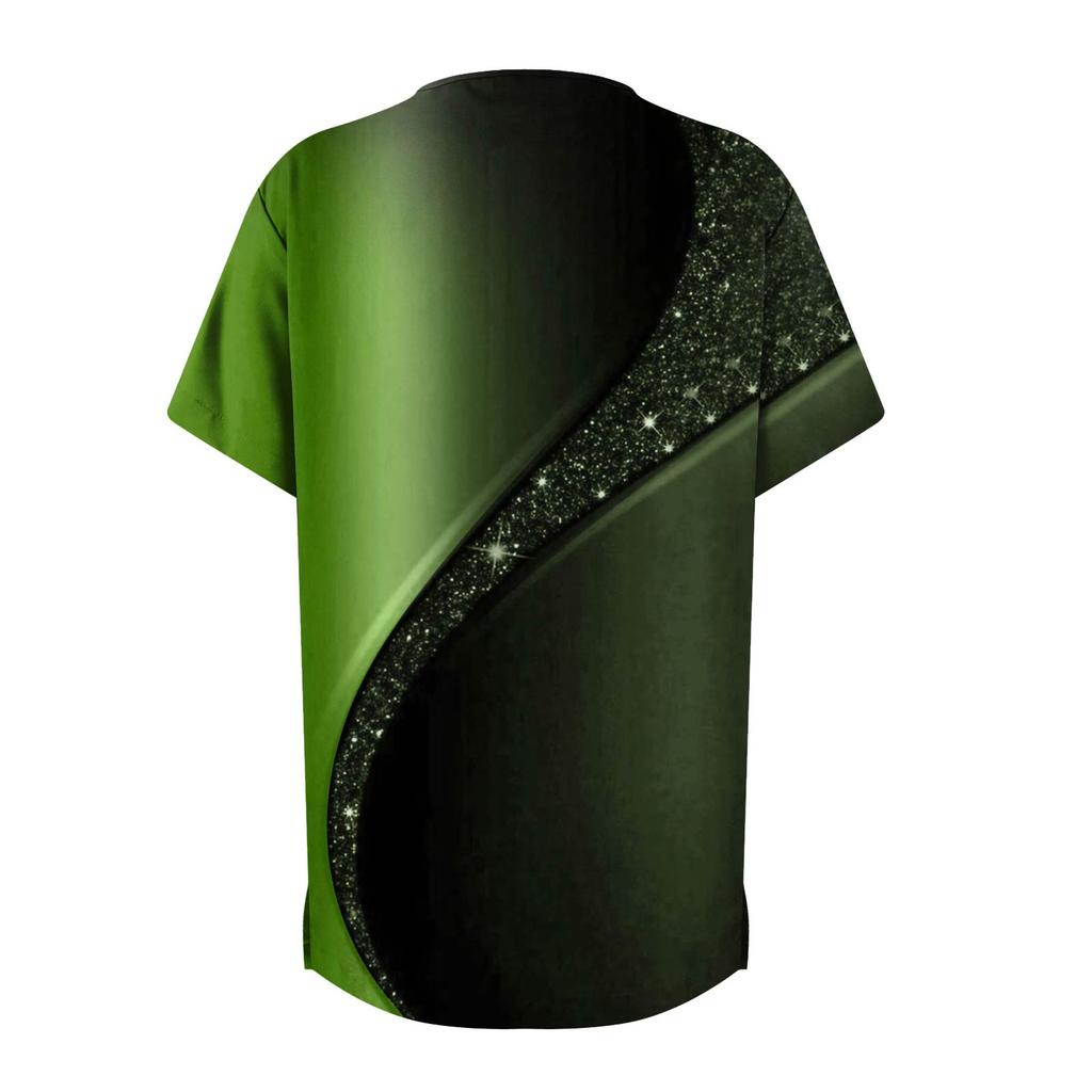 Women's Fashion Printed Short Sleeve V Neck Pattern Tops Pocket Working T-shirts