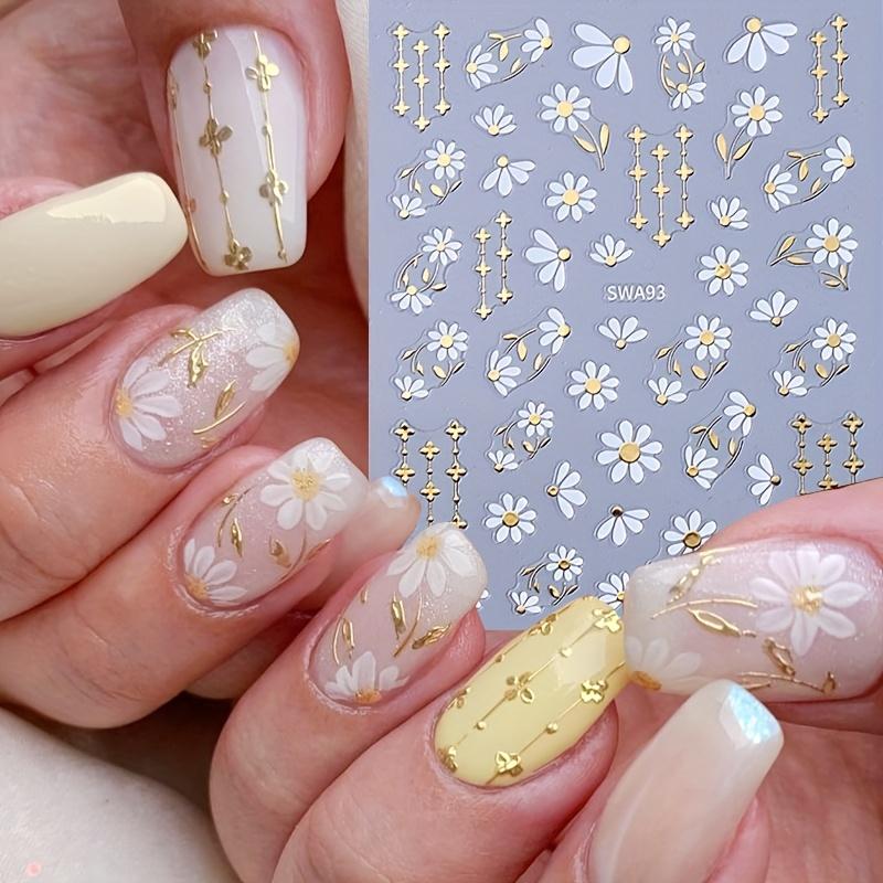 Golden Daisy Foil Nail Art Stickers Self Adhesive Floral Pattern Shiny Metallic Accents Waterproof for DIY Manicure Women Girls
