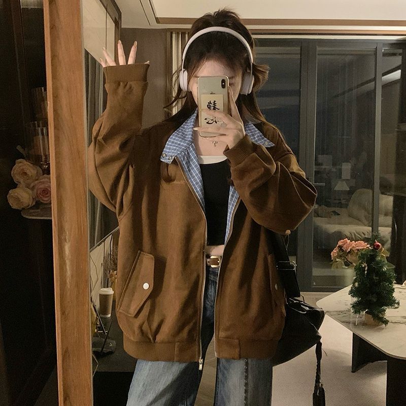 

Retro American Style Baseball Jacket Women s Autumn Plaid Splicing Zipper Long Sleeve Loose Top Trendy Cotton Denim Jacket XS кавовий