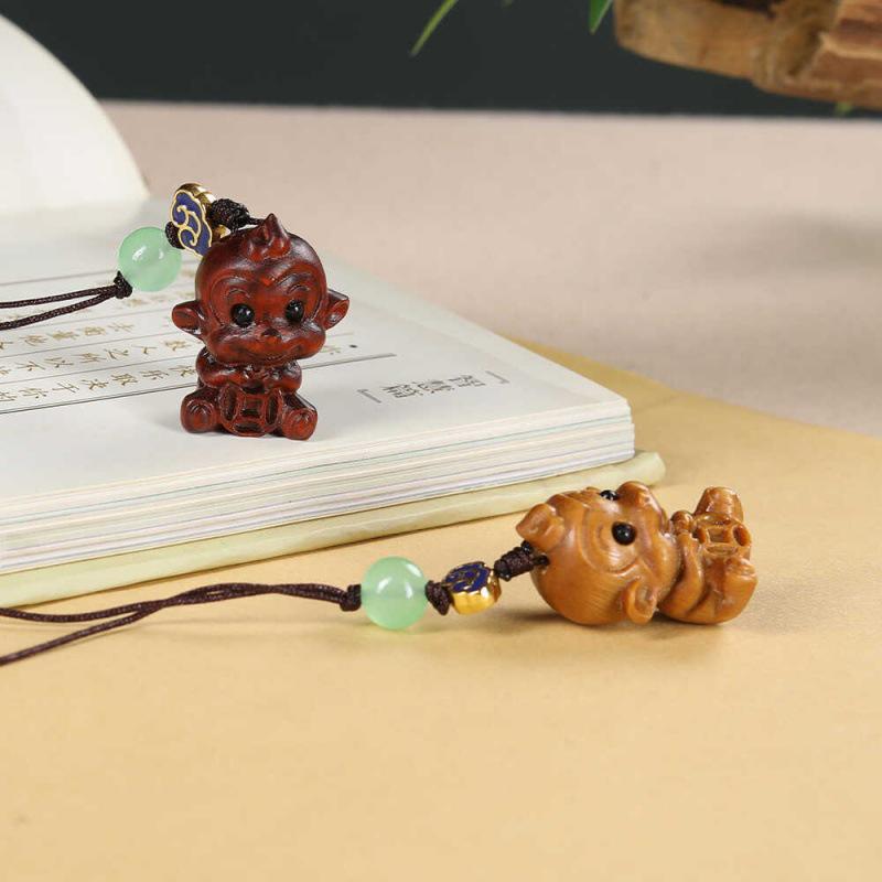 Lucky Monkey Green Sandalwood Carving Keychain & Bag Pendant - Zodiac Monkey Ornament Lanyard