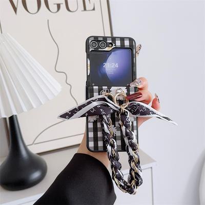 Housse en Cuir PU avec Protection Charnière & Bracelet Chaîne Poignet Écharpe Pour Samsung Galaxy Z Flip 6 5 4 3 5G Coque de Téléphone Dure