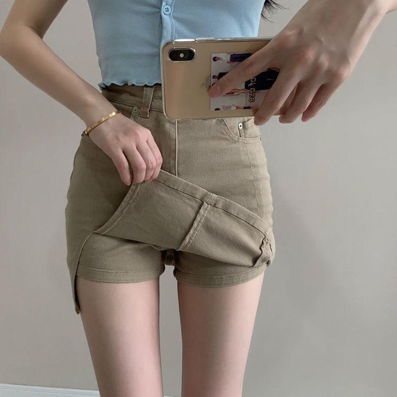 Khaki Dámské džínové krátké sukně Korejská mini sukně s vysokým pasem proti prosvítání Dámská 2024 Léto Sexy obepínající sukně