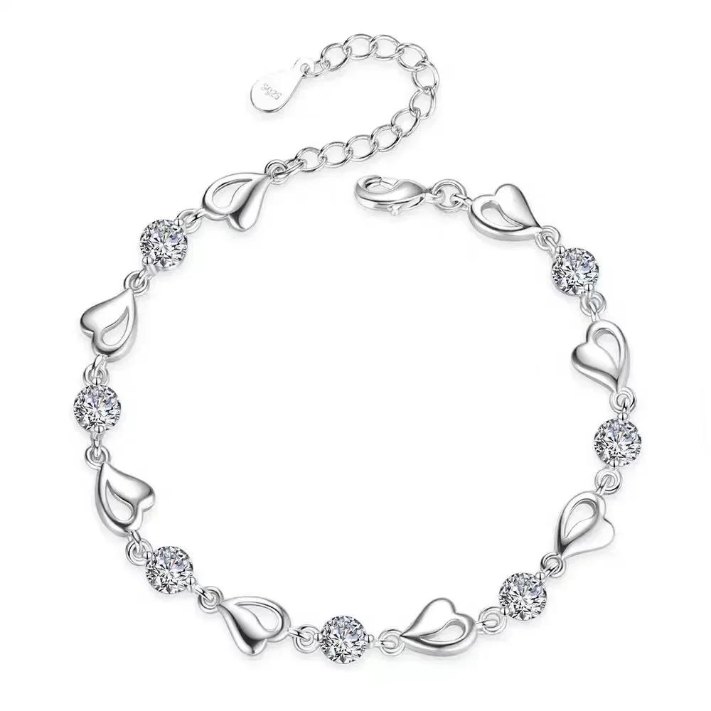925 Silver Heart Shaped Necklace Bracelet Set for Women Vintage Korean Blue Crystal Bracelets Jewelry Set Party Jewelry