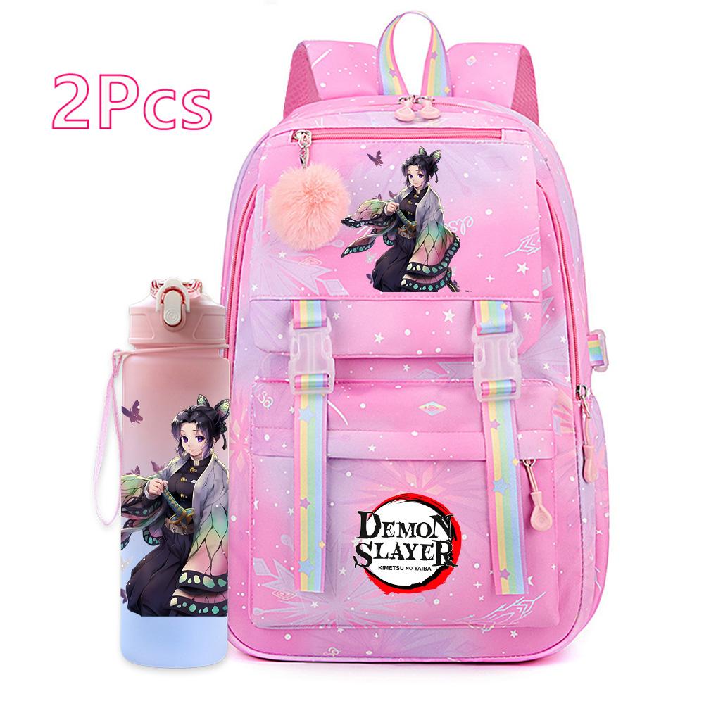 2Pcs/set Anime Cartoon Demon Slayer Printed Backpack with 750Ml Water Bottler for Teenager Bookbag Large Capacity Waterproof Travel Bag Gift