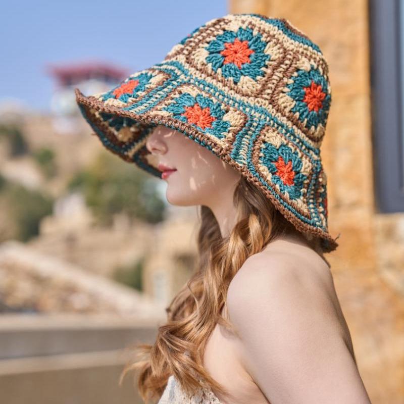 Small Fresh Flower Straw Hat Women's Summer Seaside Vacation Sunshade Sunscreen Hollow Face Small Bucket Hat