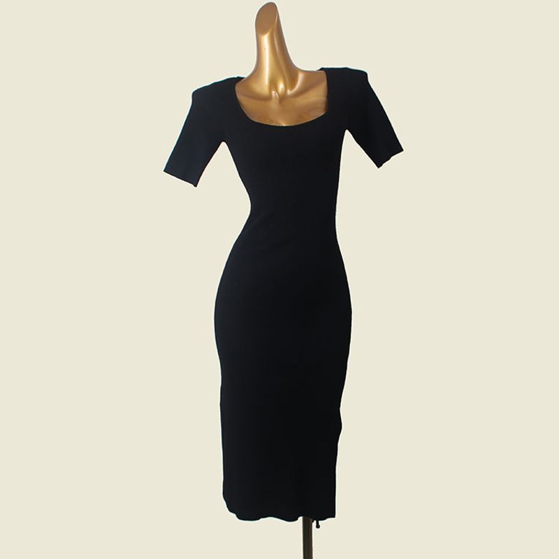 Foreign Trade Original Order Square Collar Rib Hip Skirt Western Style Side Slit Slim fit Bottoming Knitted Short sleeve Dress