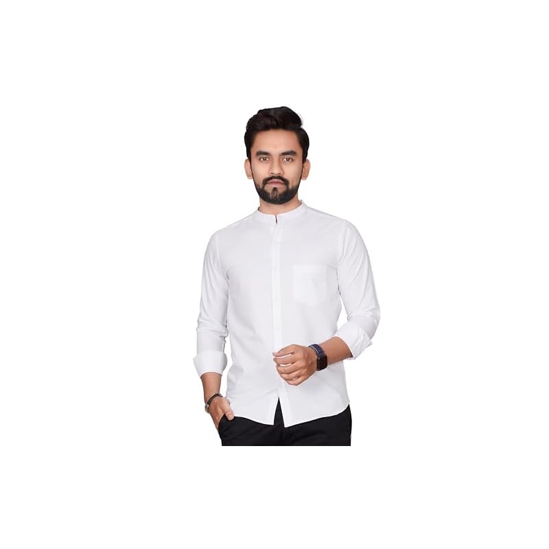 Besix Men' Regular Fit Solid Cotton Shirt | Chinese Collar | Casual | Plain | Branded | Mandarin Collar | Full Sleeve |