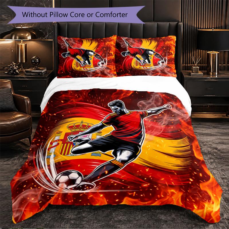 Spain Football Pattern 3 Pieces Bedding Set Soft Microfiber Duvet Cover with Pillow Cases for Bedroom