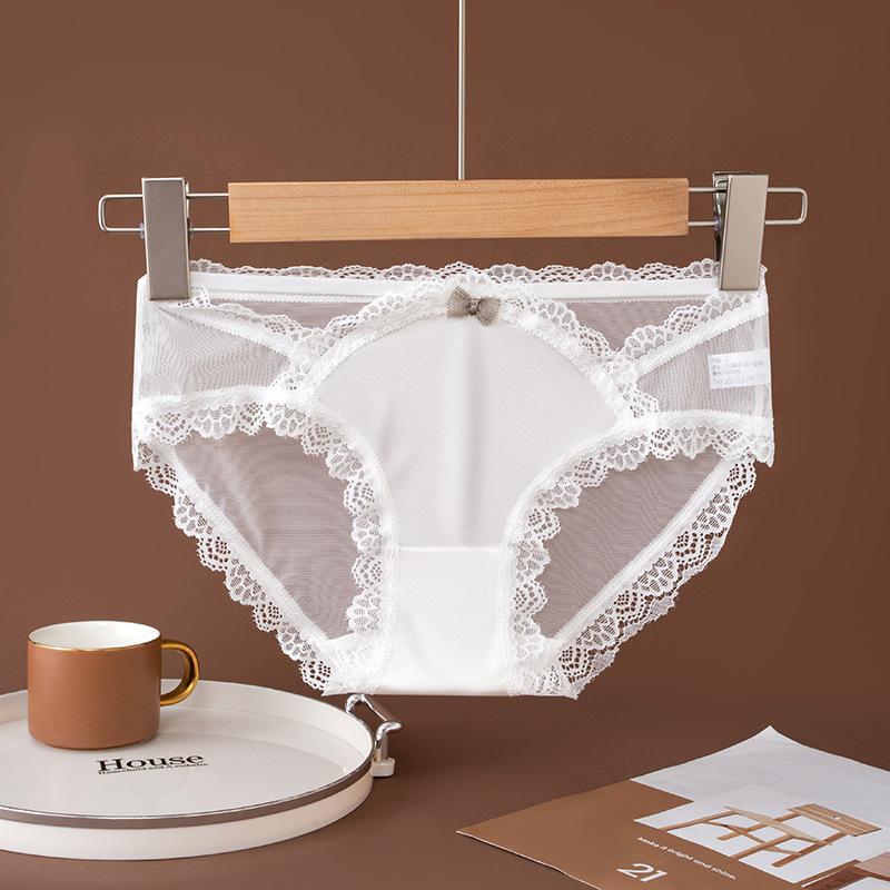 Summer High Stretch Mesh Underwear Thin Breathable Briefs Pure Semi Transparent Lace Bow Panties