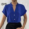 Koszula damska V Neck Stójka Jednorzędowy krótki rękaw Jednolity kolor Jedwabiście gładka Formalna Biznes OL Styl dojazdowy Top damski Bluzka