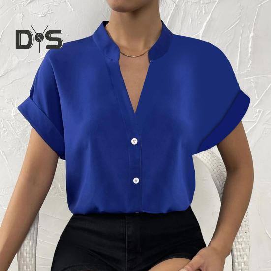 Dámská košile s výstřihem do V límec Jednořadá s krátkým rukávem Jednobarevná Hedvábně hladká Formální Business OL Dámská top halenka ve stylu dojíždění