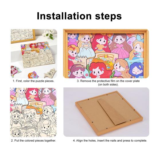 Holz Cartoon Mädchen Malpuzzle Set DIY Bemalbares Puzzle Rahmen mit Markern Kleber Heim Büro Schreibtisch Dekoration