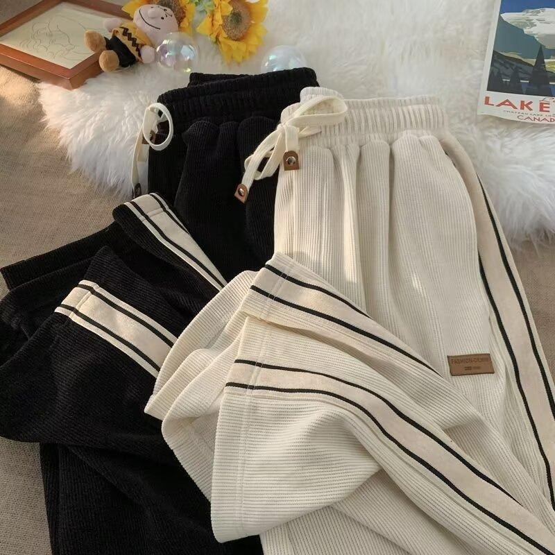 Autumn Winter Fleece-Lined Loose-Fit Straight-Leg Casual Trousers for Men and Boys Trendy Sports Casualtrousers High Street