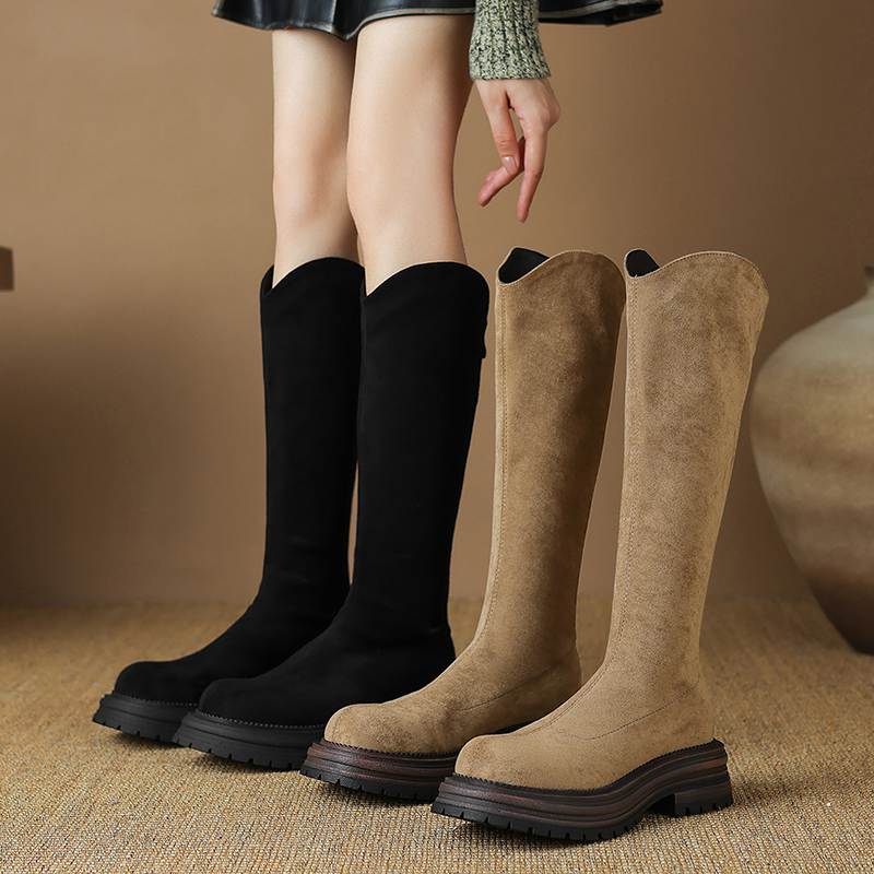 Krazing Pot Flock Autumn Winter Shoes Thick Med Heels Flat Platform Size 43 Modern Boots Stretch Knee Boots
