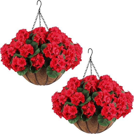 Artificial Hanging Fake Flowers with Basket Outdoor UV Resistant Faux Silk Morning Glory Vines Plants for Porch Patio Garden Balcony Yard Spring