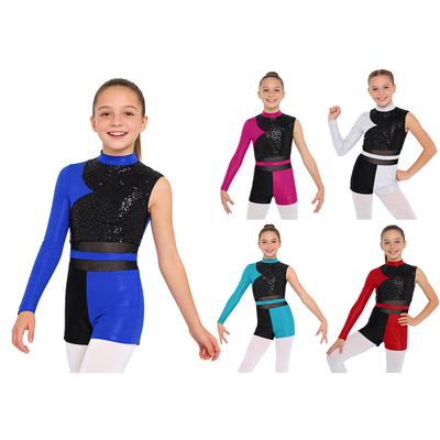 Performance Tanzkleidung für Mädchen: Metallischer Jumpsuit mit Netzdetails für Ballett, Gymnastik & Bühnenkostüm