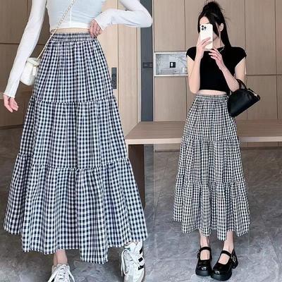 Saia Bolo Midi Plissada A-Line com Painéis e Cintura Elástica de Verão para Mulher - Saia Vintage de Cintura Alta para Cobrir os Quadris e Afinar a Silhueta