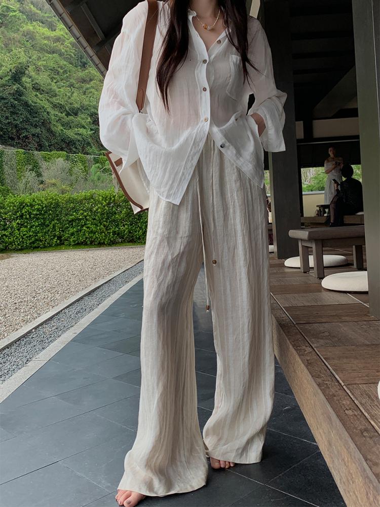 Women's Striped Wide-Leg Linen Pants - Summer Casual Style with Elastic Waist