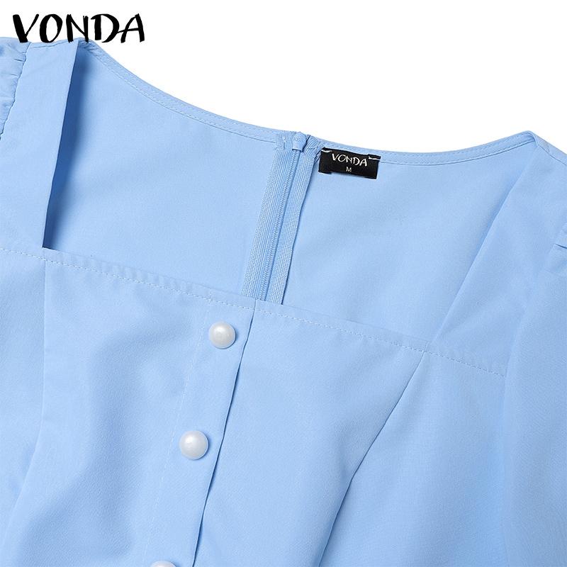 VONDA Women Casual Square Neck Puff Long Sleeve Solid Color Hip Dresses