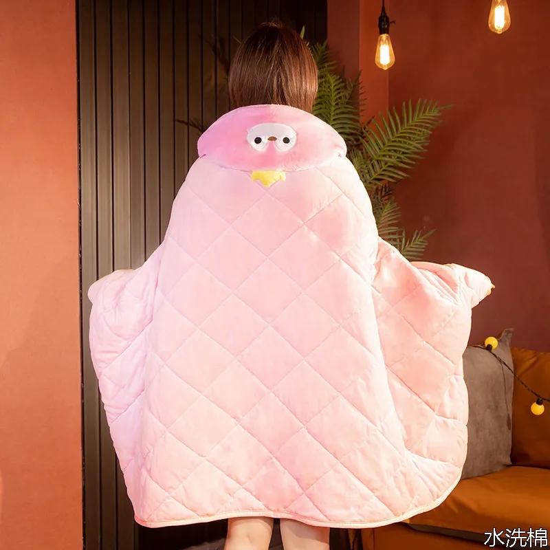 Cute Cartoon Office Cloak Shawl Nap Quilt Winter Home Lunch Break Thick Hooded Cloak Shawl Quilt Button Cloak Quilt
