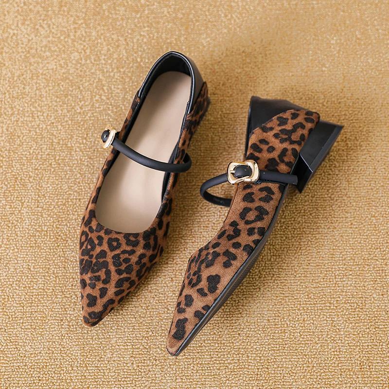 Leopard Women Mary Jane Shoes Pointed Toe Heeled Shoes Woman Sandals 2025 Summer Sexy Dress Chunky Shoes Shallow Pumps De Mujer