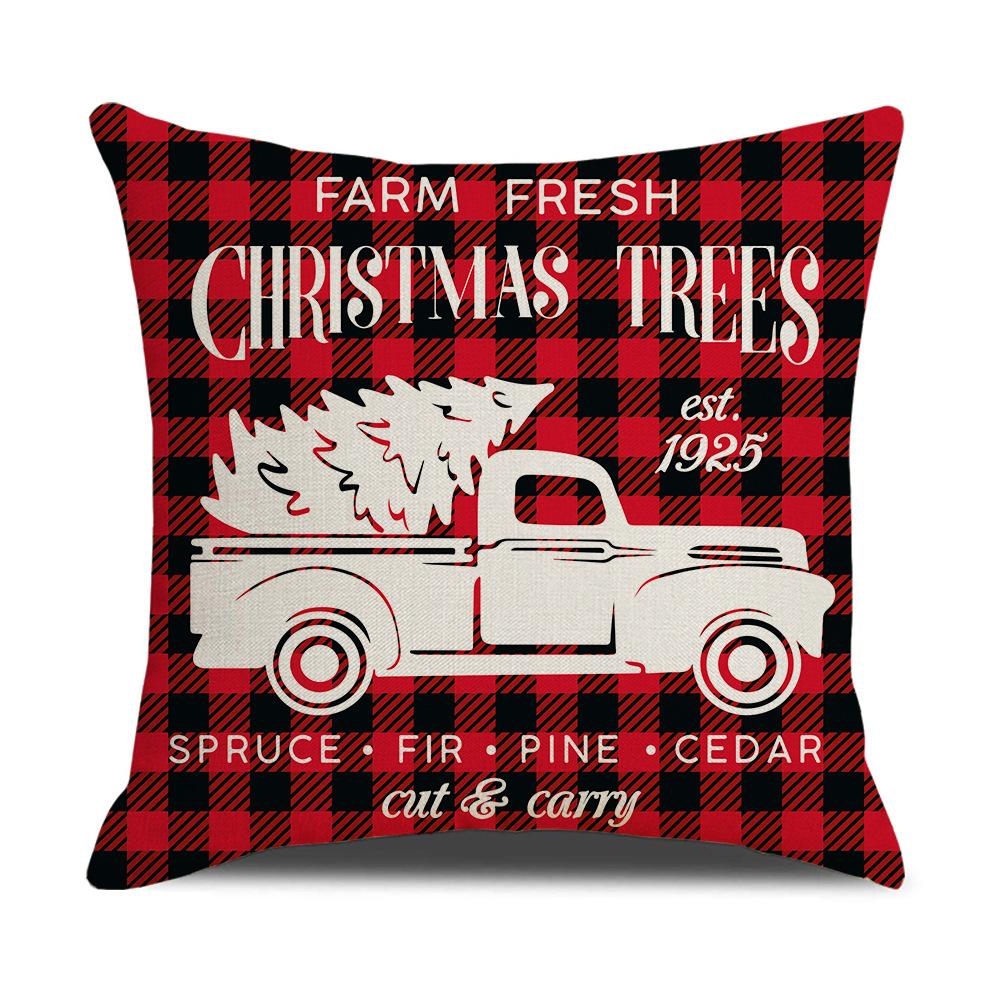 Red and Black Plaid Christmas Pillow Cover Cartoon Print Linen Sofa Cushion Cover Pillow