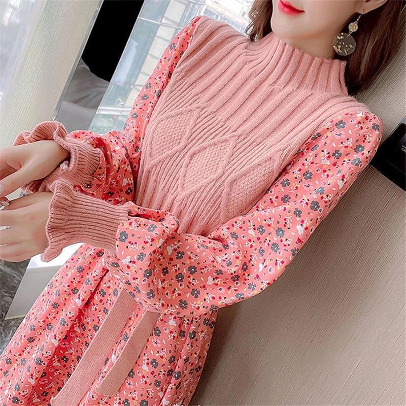 Autumn Sweater Dresses for Women Winter Splicing Pullover Bandage Slim Knitting Dress Sweet Corduroy Floral Print Dress