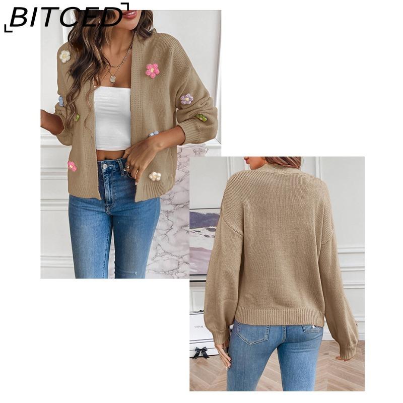 BITCED Hand-Crocheted Floral Sweet Knit Cardigan Sweater Jacket for Women Lazy-Chic Style Casual Oversized Knitwear