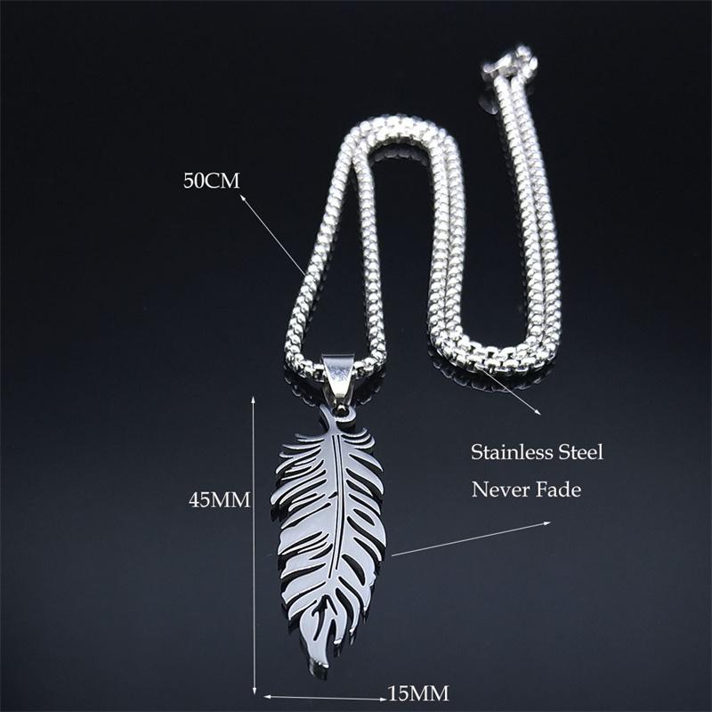 Boho Feather Pendant Male Necklace for Women Men Stainless Steel Silver Color Leaf Chain Jewelry Gift Collar Hombre N3393S01