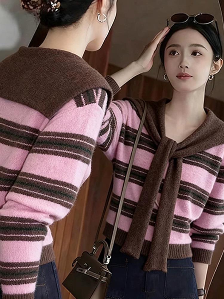French Autumn/Winter Women's Wool Knit Color-Block Shawl & Striped Sweater Set