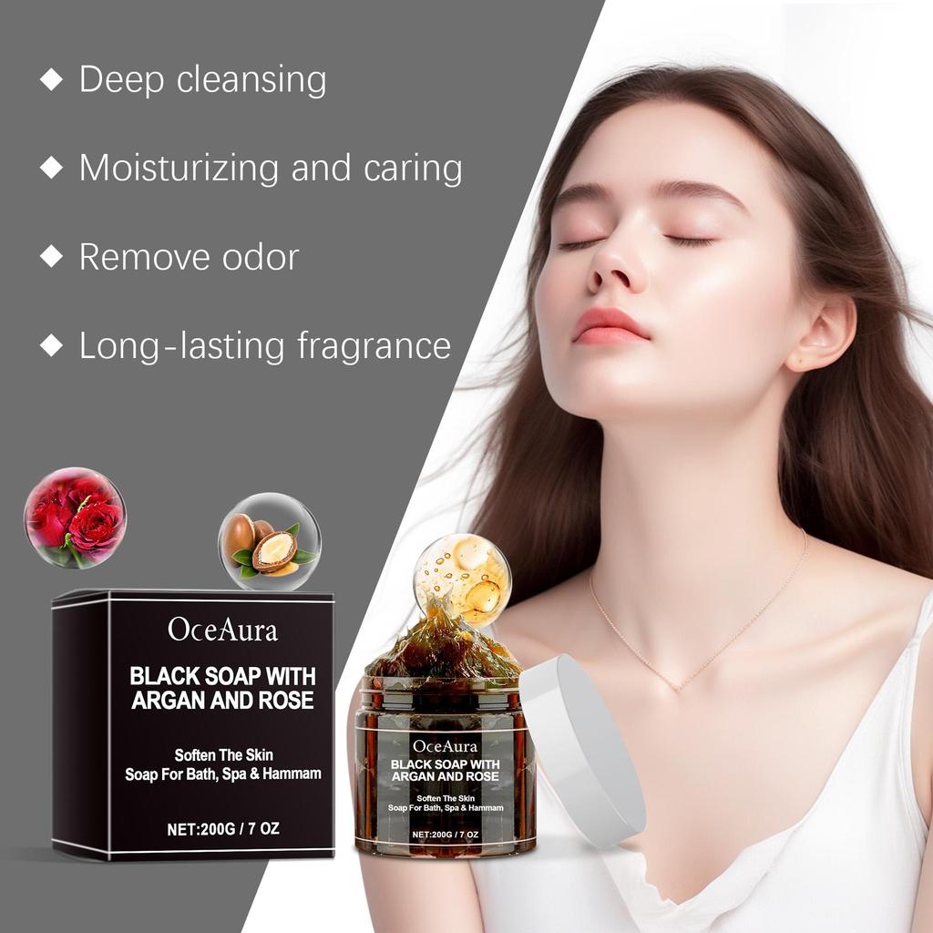 Schwarze Seife mit Argan und Rose Beldi Seife Ideal für Entfernung abgestorbener Haut Körperpeeling Reinigend Tiefenreinigung 200g/7 Oz