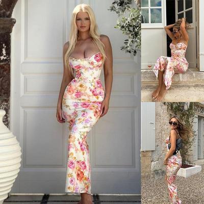 Kadın İlkbahar Kolsuz Çiçek Desenli Dar Askılı Kamisol Elbise Yazlık Günlük Bilekte Yüksek Bel Kalem Elbiseler S-XL