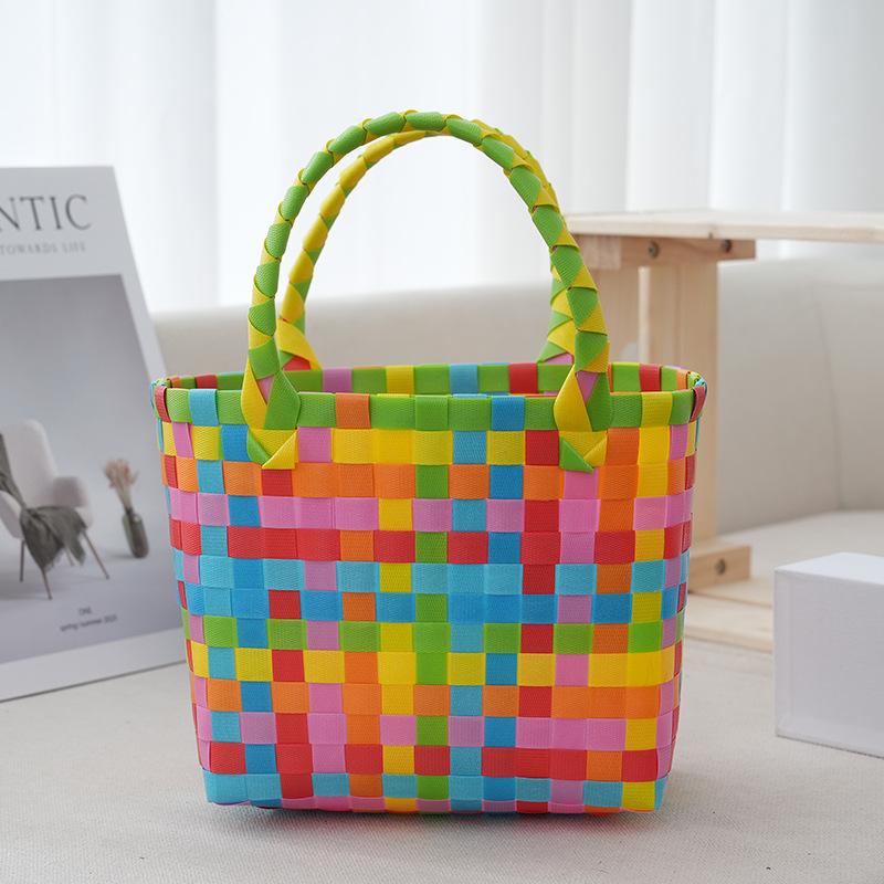 

Souvenir vegetable basket, hand basket woven bag women s full moon wine high-end cartoon children s hand-held woven bag 18*12*18 разноцветный