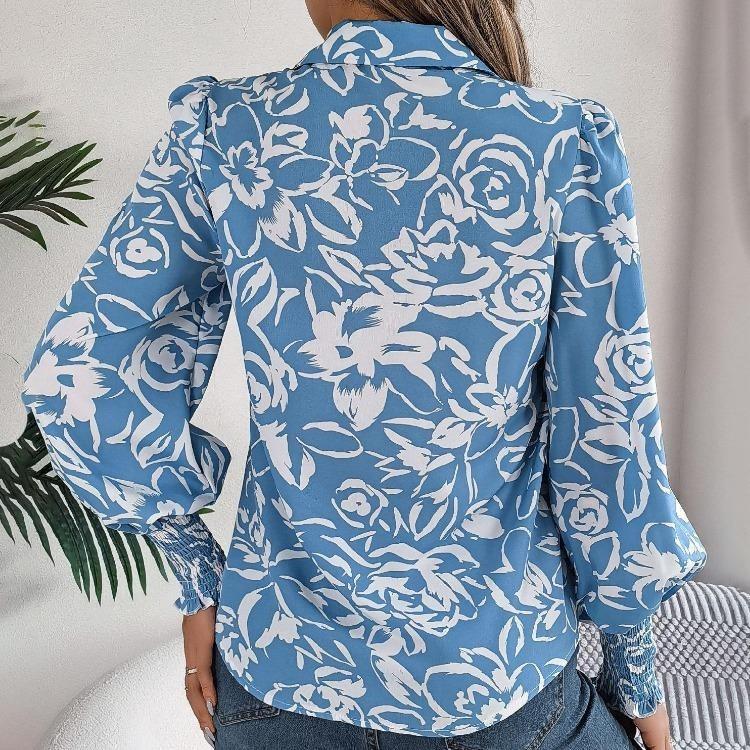 Elegant Women Floral Print V Neck Long Sleeve Blouse for Spring Autumn Season