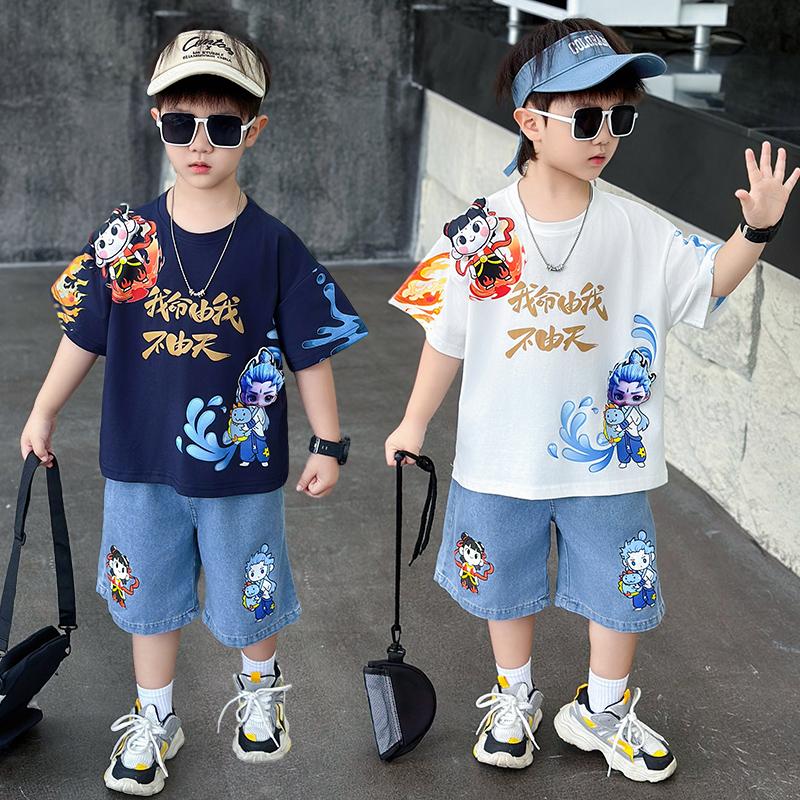 Boys' summer Nezha set, children's short-sleeved shorts, baby cartoon summer two-piece set, summer jeans, T-shirt