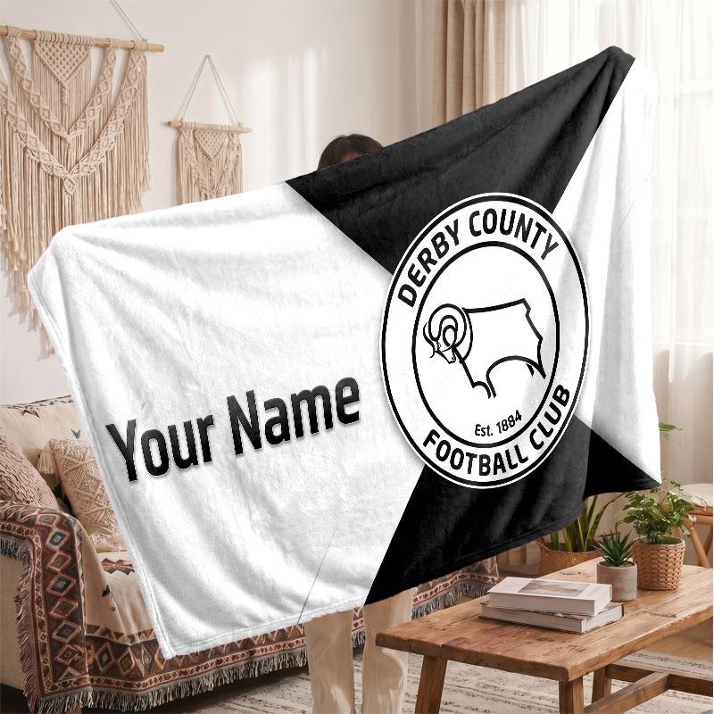 Derby County Personalisierte Fleecedecke Mit Fußballlogo, Individueller Name Text Weiche Warme Wohndecke