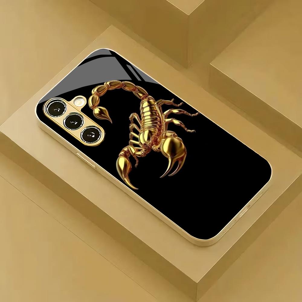 Golden Scorpion Pattern Plated Glass Phone Case Suitable for Samsung Galaxy S26 S25 S24 S22 S21 S20 FE/Ultra/Plus Anti Drop