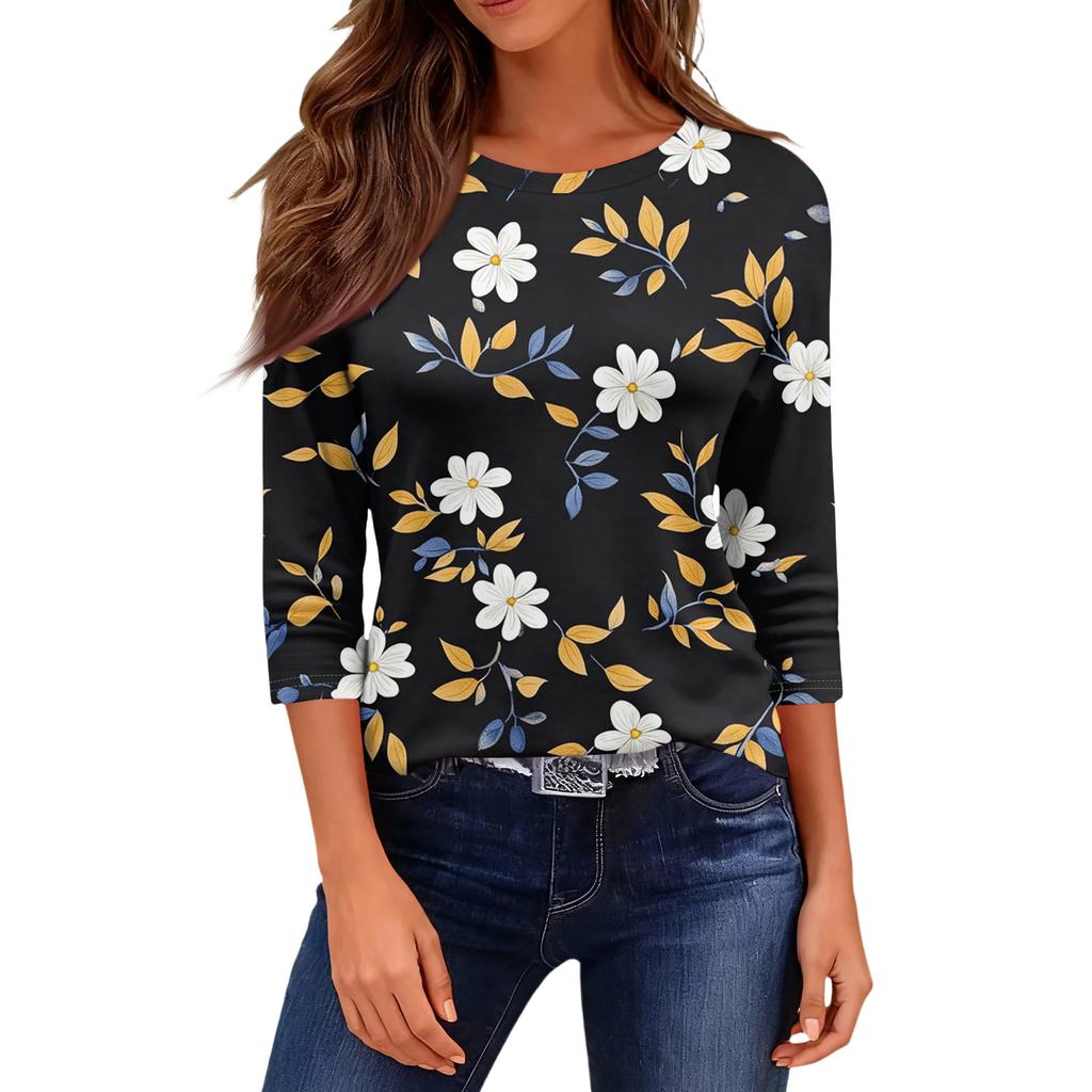 Women's Fashionable Casual Round Neck T-Shirt With Floral Print And Three-Quarter Sleeves