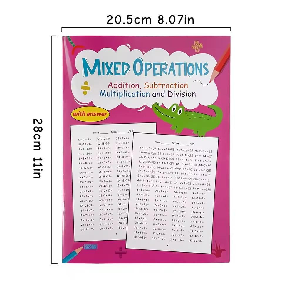 Mixed Operations Math Workbook with Answer for Grade 1-3 Learning Subtraction Addition Multiplication Division Practice Copybook
