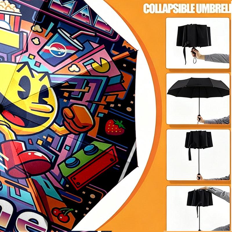 Custom Name Personalized PAC MAN Print Umbrella, Auto Open Close, 8‑Rib Sturdy Frame, Commute Camping Hiking Use, Birthday Gift