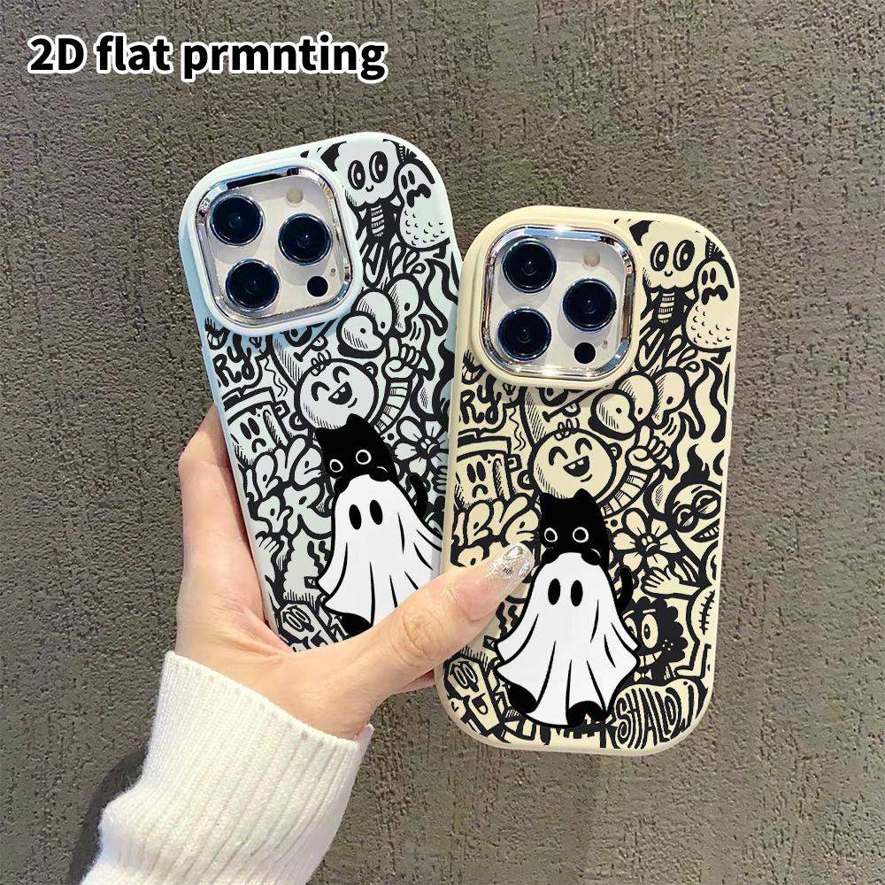 Phone Case: 2D Flat Design Suitable for iPhone 18 17 16 15 14 13 Pro Protective Case, Couple Style, Ghost Little Black Cat, Christmas and Halloween Gi