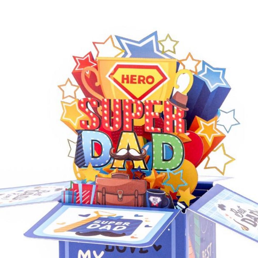 Blue Father's Day Gift Super Dad 3D Up Greeting Cards Creative Pop Up Blessing Card  Men