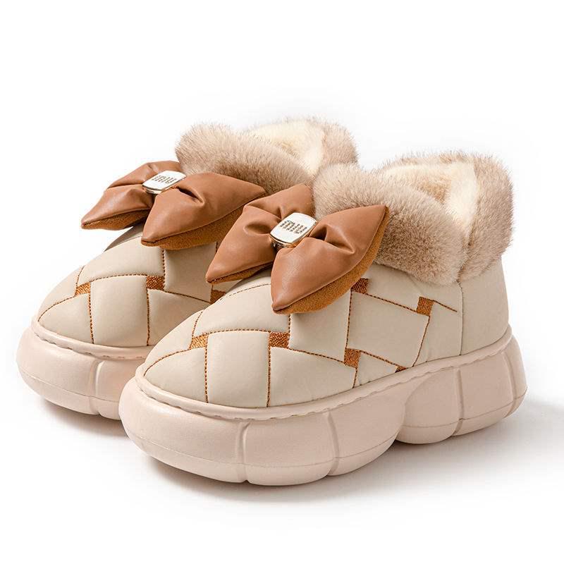 Women's Thick-Soled Waterproof Cotton Slippers - Men's Fashion, Warm Bow Style, Non-Slip for Outdoor Winter Wear.