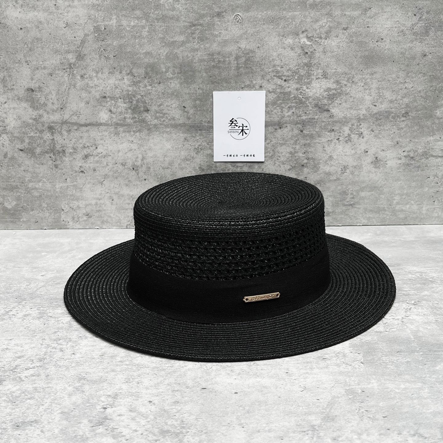 

25 Straw Hollow Flat Top Straw Hat Men S And Women S Summer Seaside Vacation Beach Sun Hat Elegant Temperament Top Hat M（56-58cm）