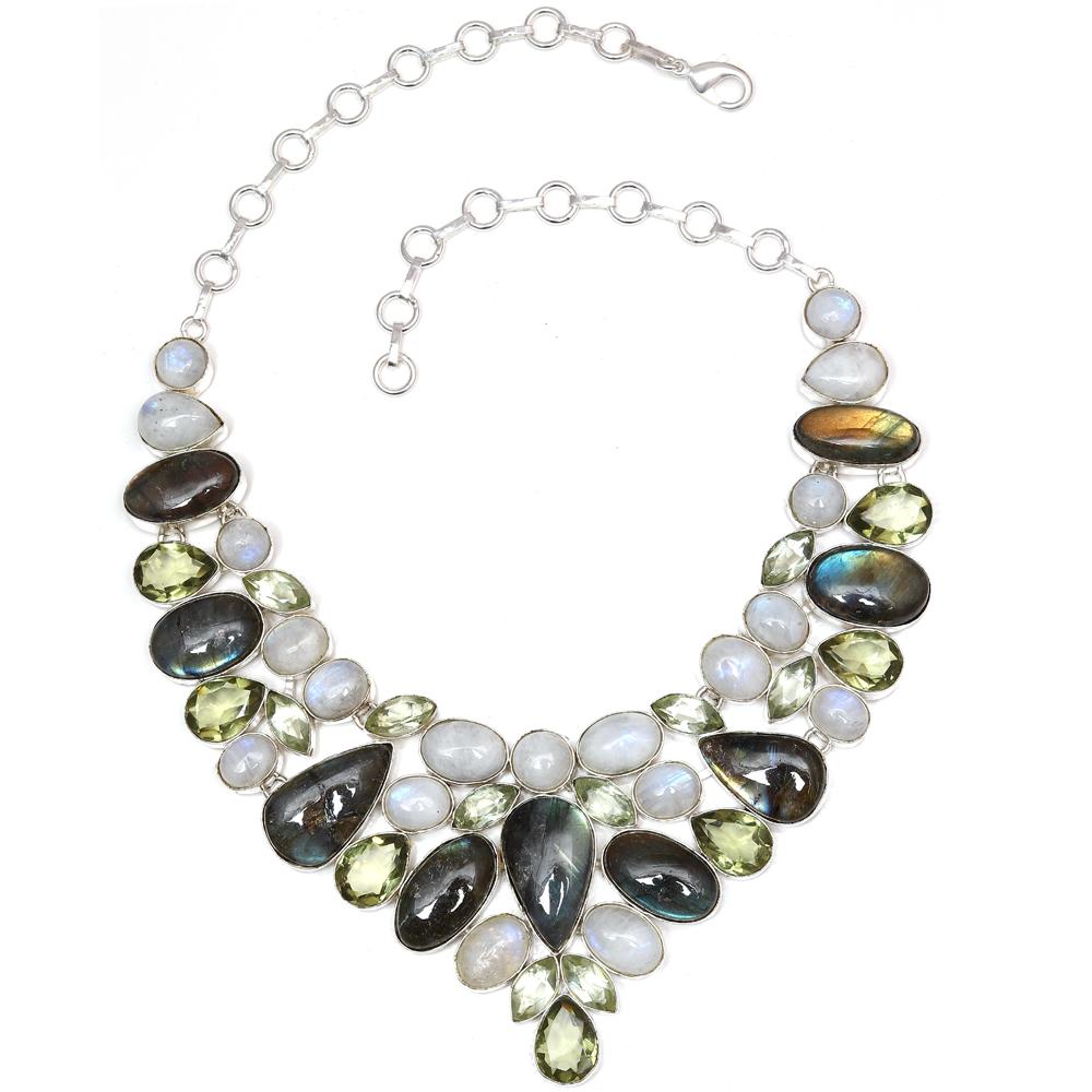 Rainbow Moonstone Shiney Labrodorite Handicraft Jewelry Necklace Set 16-18''