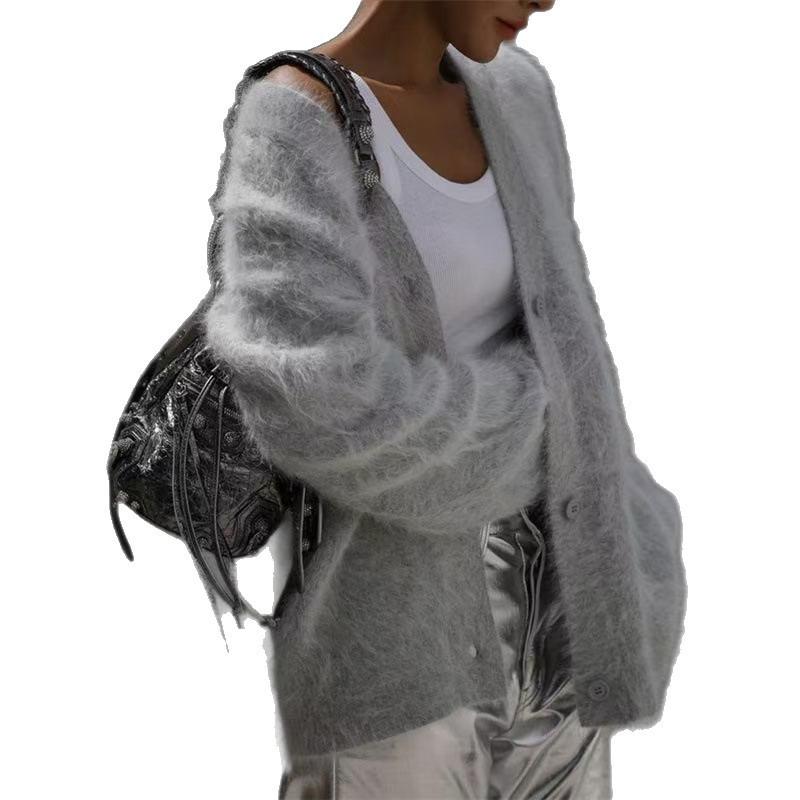 Autumn and Winter New Hot-selling Imitation Mink Cardigan Women's Lazy Style Solid Color Loose Long-sleeved Knitted Jacket